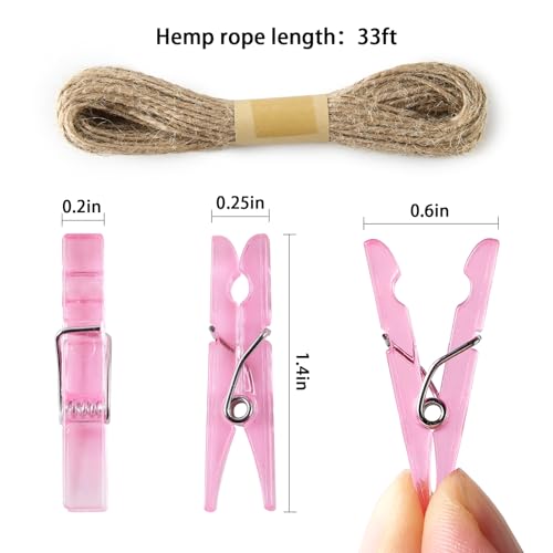 100 Pcs Pink Clothes Pins 1.4 Inch Mini Plastic Clothespins with 33 Ft Jute Twine Small Tiny Clips for Baby Shower Photos Christmas Cards DIY Crafts Party Decorations - color: Pastel Pink