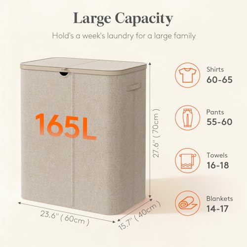 Lifewit 165L 3 Section Laundry Hamper with Lid, Laundry Basket, Beige - color: Beige, size: 165L