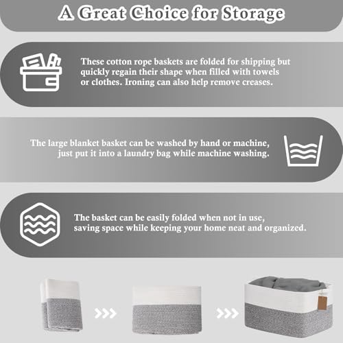Goodpick 75L Extra Large Woven Rope Blanket Basket, Rectangle, Light Gray - color: Light Grey, size: 22"L x 17"W x 12"H
