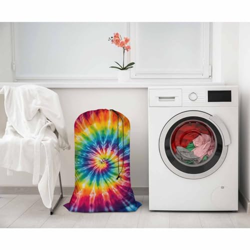 Swono Tie Dye Laundry Bag Drawstring Closure Colorful Psychedelic Rainbow Abstract Pattern Heavy Duty Laundry Portable for Home Dorm Room Essentials for Travel Camp, Oxford Cloth, Spiral - color: Tie Dye