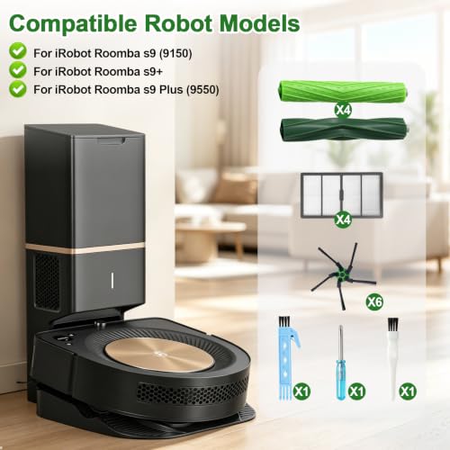 Replacement Parts Fit for iRobot Roomba s9 (9150) s9+ (9550) s Series Wi-Fi Connected Robot Vacuum Kits (2 Rubber Brushes, 4 Filters, 6 Side Brushes) - color: style 1
