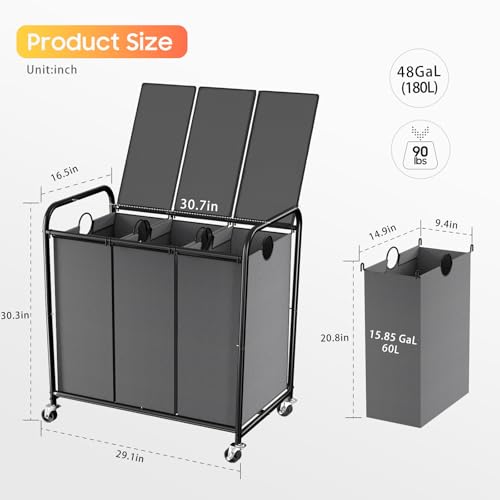 180L Laundry Sorter 3 Section, Rolling Laundry Basket with Wheels and Lid - color: Grey-3Sec, size: 47.55Gal
