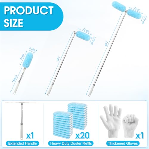40 Pcs Heavy Duty Duster Refills with 6 ft Extendable Handle and 1 Pair of Gloves, Compatible with Swiffer 360° Disposable Microfiber Feather Dusters Kit for Cleaning Home(Blue) - color: Blue