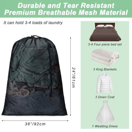 2 Pack Mesh Travel Laundry Bag 24" x 36"Extra Large Dirty Clothes Organizer - color: Black+Black, size: 24"x36"
