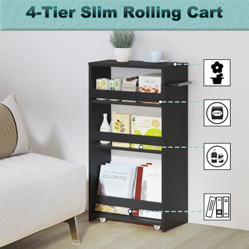 MARTY Slim Rolling Storage Cart, Wood Utility Kitchen Bathroom Laundry Cart - color: All Black, size: 7.9"D x 15.75"W x 31.5"H