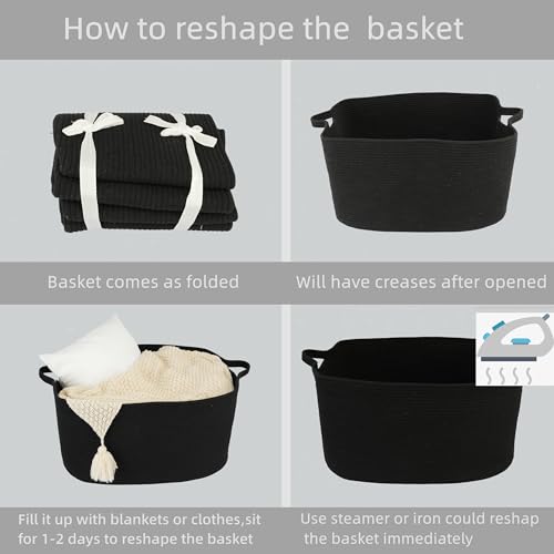 XUANGUO Large Rectangle Woven Cotton Rope Blanket Basket 22"x17"x12" Black - color: black