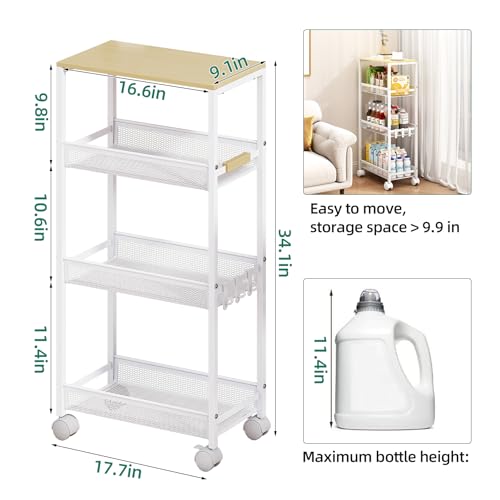 4-Tier Slim Utility Rolling Laundry Cart with Wheels, Easy to Assemble - color: White, size: 9.1''