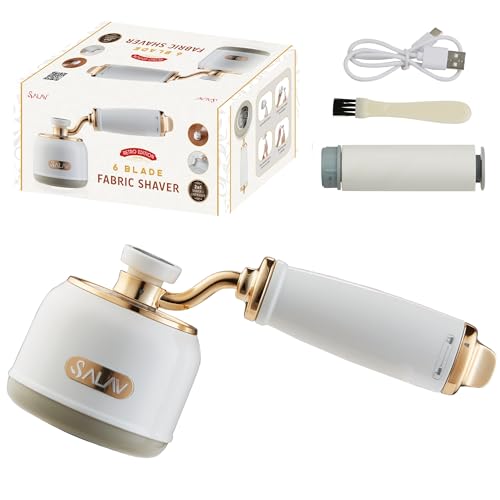 SALAV® Retro Edition Rechargeable Fabric Shaver and Lint Roller with 6-Blade System Removes Fuzz and Piling on Fabrics, with Charging Cable and Mini Brush (Pearl) - color: Pearl