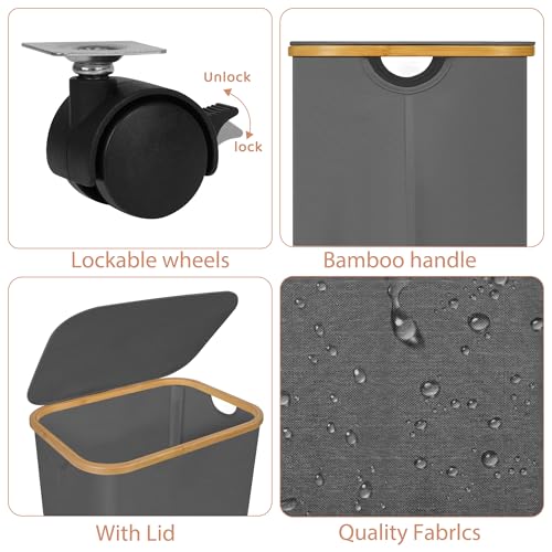 Laundry Basket with Wheels,100L Hampers for Laundry,Large Laundry Hamper with Lid and Bamboo Handles,Collapsible & Waterproof Tall Cloth Hamper for Dormitory Family,Grey - color: Grey, size: 100L with Wheels