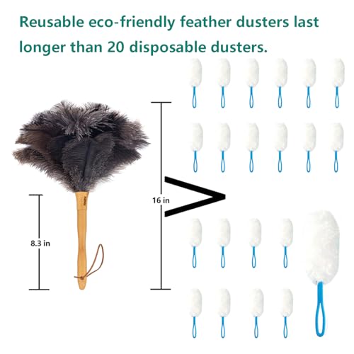 Genuine Ostrich Feather Duster with Wood Handle, 16 inch Gray - color: Gray Brown Classic