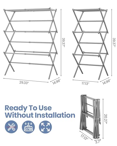 APEXCHASER Oversize 3-Tier Clothes Drying Rack, No Install, Grey - color: Gray