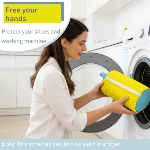 Shoe Washing Machine Bag Laundry Shoe Bag for Washer and Dryer Reusable 2pc Shoe Cleaning Bags for Sneakers 360 Deep Cleaning for All Shoes Types with Invisible Zipper - color: Pale Yellow