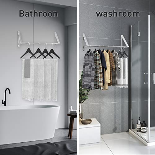 Laundry Room Drying Rack Wall Mounted Clothes Hanger Folding Wall Coat Racks Aluminum Home Storage Organiser Space Savers Silver 2 Rakcs with Rod - color: Silver