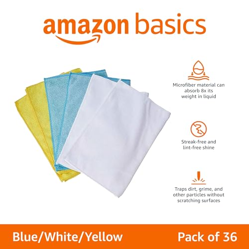 Amazon Basics Microfiber Cleaning Cloths, Ultra Absorbent, Scratch-Free, Highly Absorbent, Non-Abrasive, Reusable and Washable, 16" x 12", Blue/White/Yellow, 36-Pack - color: Blue/White/Yellow, size: 36-Pack