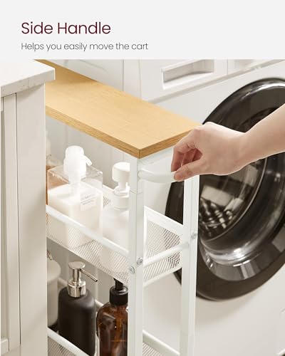 VASAGLE 4-Tier Slim Rolling Storage cart with Wheels, 5.1 Inches, Metal - color: Oak Beige + Classic White, size: 4 Tiers (5.1"D x 30.3"H)
