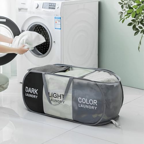 Collapsible Laundry Baskets with 3 Compartments, Black + Grey + Begie - color: Black + Grey + Begie