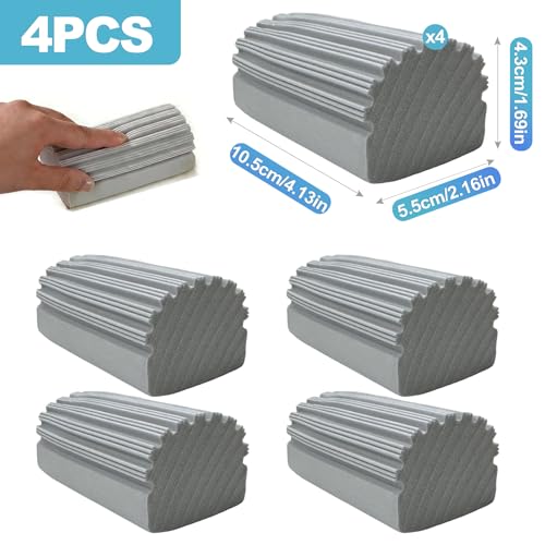 CoguZed 4 Pack Damp Clean Duster Sponge, Reusable Ridged PVA Cleaning Sponges for Dusting, All-Purpose Grooved Wet Dusting Tool for Blinds, Baseboards, Vents and Mirrors, Grey