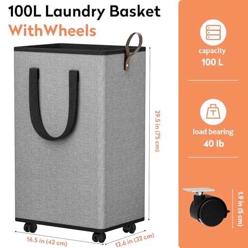 SpaceTrove Rolling Laundry Basket with Wheels, Laundry Hamper, 100L, Grey - color: Grey, size: 100L
