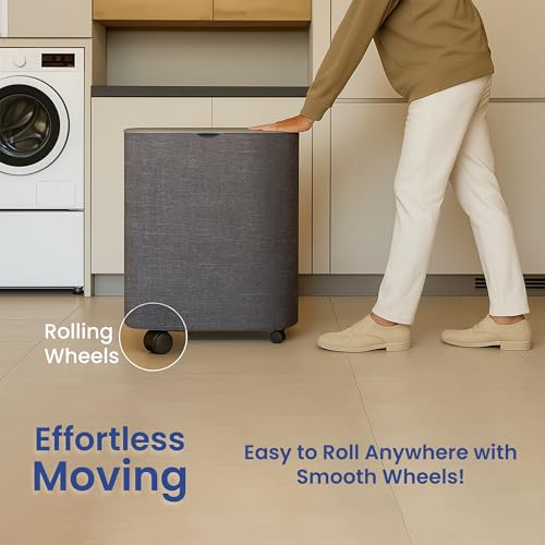 XABITAT Dual Section 90L Laundry Basket with Wheels and Lid – Tall divided Double Laundry Hamper with 2 Removable Washable Bags, Large Laundry Sorter for Easy Clothes Separation
