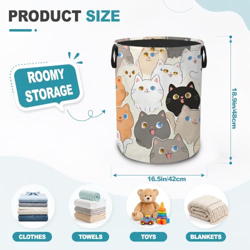 Laundry Basket,Cute Cat Cartoon Foldable Clothes Hamper with Handles,Kawaii Kitty Pets Waterproof Oxford Cloth Storage Organizer for Bedroom Bathroom College Dorm,16" x 20" - color: Cute Cat Cartoon,Kawaii Kitty Pets