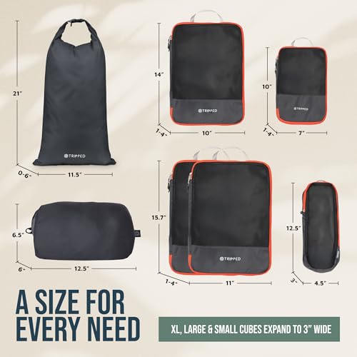 TRIPPED Travel Gear Large Compression Packing Cubes 7-Piece Set for Travel - color: Grey and Orange-Mesh