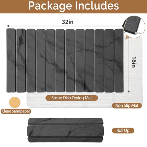 Extra Large Stone Dish Drying Mat for Kitchen Counter, Quick Dry Stone Dishes Mats, Foldable Water Absorbing Diatomaceous Drying Pad for Countertop Bottles Utensils Cups Bathroom(Dark Gray 32"×16") - color: Dark Gray, size: 32" x 16"