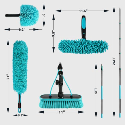 Adjustable 24FT Water Fed Pole Cleaning Kit with 4 Brush Heads