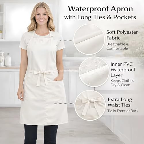 2/6/12/24 Pack Waterproof Aprons Bulk with Pockets, Polyester and PVC Coated Chef Aprons for Cooking, Painting, BBQ - color: Off-white