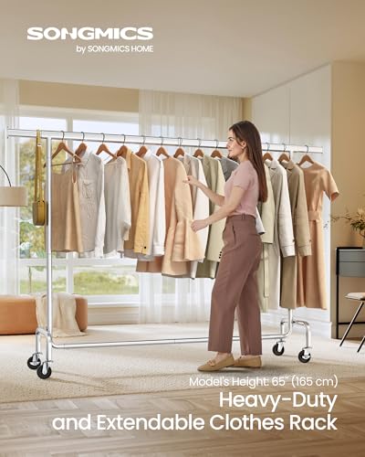 SONGMICS Clothes Rack with Wheels, Heavy-Duty, Extendable Hanging Rod - color: Silver, size: (63"-78.7")W