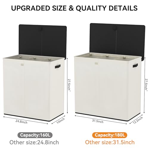 WOWLIVE Laundry Hamper with Lid, 180L Large Laundry Basket 3 Section - color: Beige, size: 180l (31.5x 12.2 X 27.5 Inches)