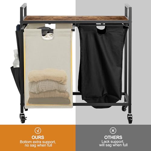 WOWLIVE Double Laundry Hamper with Wheels, Rolling Laundry Basket Organizer - color: Black and Beige, size: 110l (30.0 x 13 x 32 Inches)