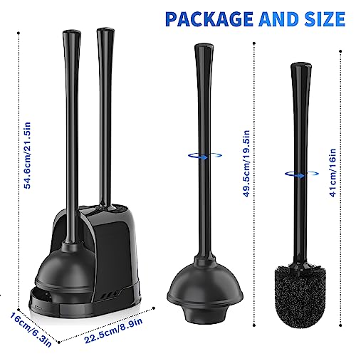 LOVLOY Toilet Plunger and Brush, Silicone Bowl Brush and Heavy Duty Toilet Plunger Set with Ventilated Holder, 2-in-1 Toilet Brush and Plunger Combo for 5.3-inch Toilet Drain Bathroom Cleaning - color: Black