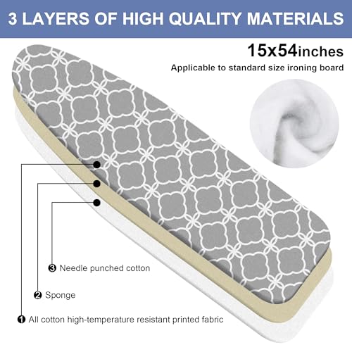 Grey Ironing Board Cover and Pad 15x54 Inch, 100% Cotton Surface Heavy Duty Iron Cover, Standard Size Ironing Board Covers, with Elastic Edge & 2 Hook & Loop Fastener Straps for Easy Installation - color: Grey02