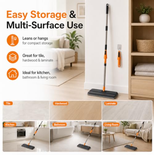 Microfiber Flat Mop for Floor Cleaning, Foldable Floor Mop with 2 Washable Pads & Hair Removal Comb, Adjustable Long Handle Dust Mop for Hardwood Tile Laminate, Wet & Dry Baseboard Cleaner