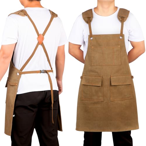Work Apron with Pockets Thickened Waxed Canvas Apron Extended Adjustable Strap Waterproof Apron Protection for Men - color: Brown
