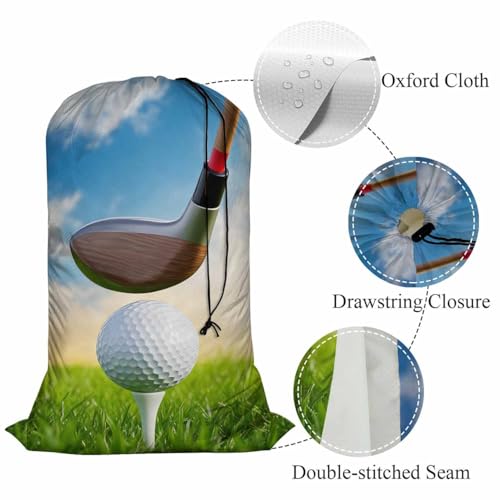 Swono Golf Ball Extra Heavy Duty Laundry Bag, Driver Hit Golf Ball On Tee Green Grass X-Large Dirty Clothes Drawstring Bag with Tear Resistant Fabric, Washable Laundry Liner for Hamper, Ideal for - color: Golf Ball