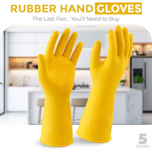 LADWA 5 Pairs Non-Slip Household Cleaning Reusable Dishwashing Gloves for Kitchen Washing Dishes Bathroom Gardening & Home Tasks Flexible Long-lasting Waterproof Gloves Perfect for Woman Men (Yellow) - color: Yellow, size: Pack of 5