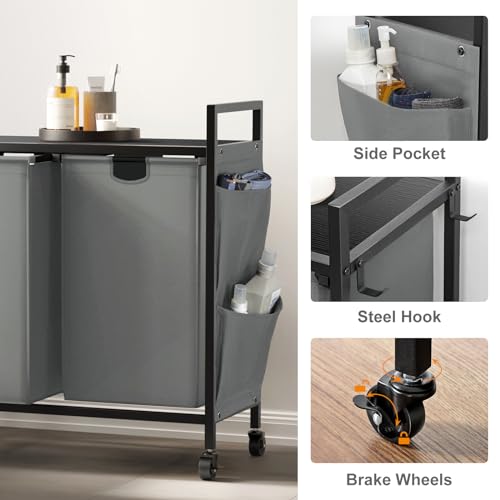WOWLIVE Double Laundry Hamper with Wheels, Rolling Laundry Basket Organizer - color: Gray, size: 110l (30.0 x 13 x 32 Inches)