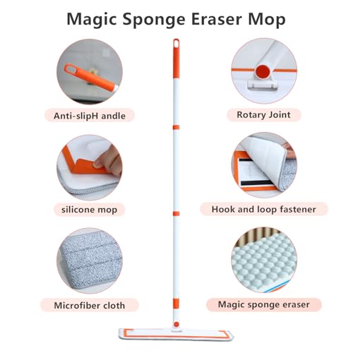 Magic Sponge Eraser Mop,56" Handle,15" Flat Head, 2 Microfiber,3 Sponge Pad