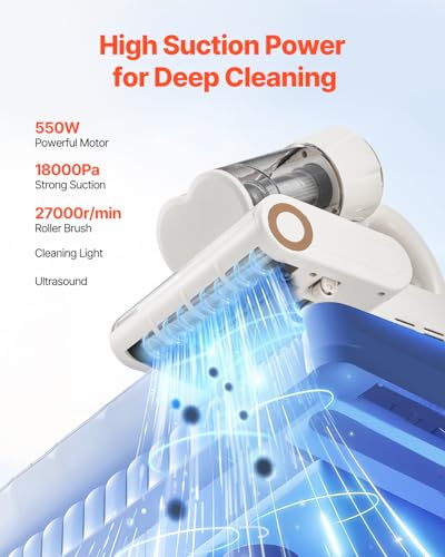 VEVOR Mattress Vacuum Cleaner, 550W Bed Vacuum Cleaner with 18Kpa Powerful Suction and Dual Dust Bin, HEPA Filter & Heating, Ultrasound Tech & Cleaning Lights, Handheld for Bed, Sofa, Corded, White - color: White + Rose Gold