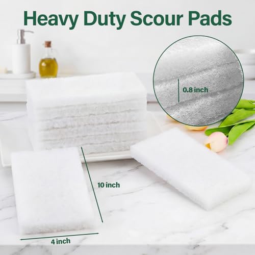 8 Pack Scouring Pads, 10 x 4 Inch Large Reusable Multipurpose Scouring Sponges for Kitchen, Bathroom, Counters, Floors Cleaning Supplies (White)