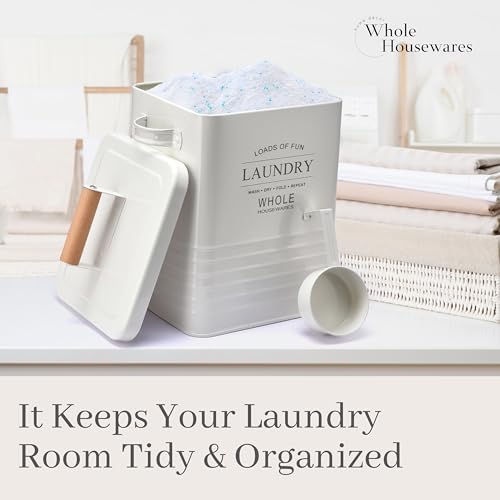 Whole Housewares Laundry Detergent Container - Tin Farmhouse Metal Laundry Powder Soap Dispenser With Scooper, Airtight Lid And Handles - Vintage Soap Pod Holder Storage Bin With Lid And Scent Holders - color: White
