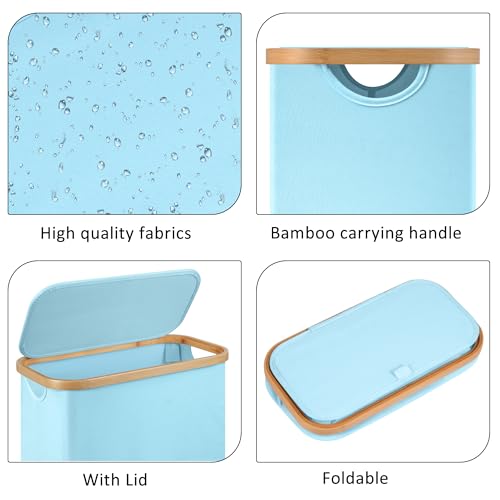 Slim Laundry Basket,60L Laundry Hamper with Lid, Tall Hamper for Laundry,Dirty Cloth Hamper with Bamboo Handle for Toys,Towels, Clothes Organizing, Light Blue - color: Light Blue, size: 60L Slim