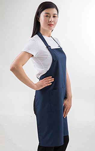 Navy Professional Resist Water Adjustable Extra Long Bib Apron 3 Pockets Home Kitchen Garden Restaurant Cafe Bar Pub Bakery for Cooking Chef Baker Servers Craft Unisex - color: Navy
