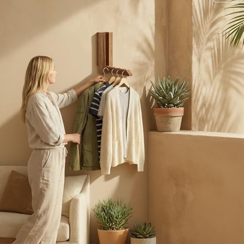 2 Pack Clothes Drying Rack Wall Mounted,Space Saver Wood Wall Mounted Folding Clothes Hanger Rack for Laundry Room,Bathrooms,Closet Storage Organization,Easy to Install - color: Brown