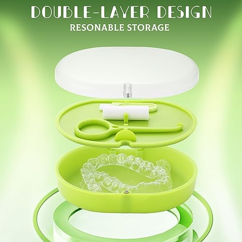 New Double-layer Aligner Case with Belt Chewing,Removal Tool,Cleaning Brush,Built in Mirror Orthodontic Case - color: green