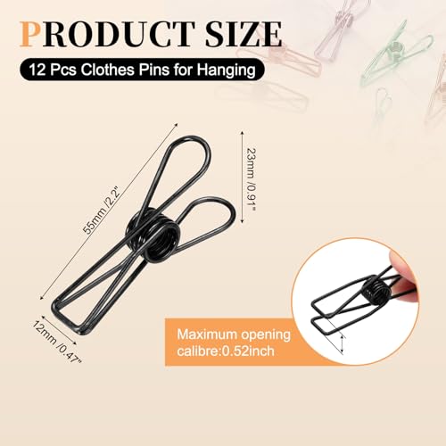 uxcell 12Pcs Clothes Pins for Hanging, 2.2" Metal Clothing Clips Heavy Duty Laundry Spring Pegs, Clothesline Clip Paper Holder Sealer for Holding Clothes, Paper, Food Packages, Black - color: Black, size: 2.2"