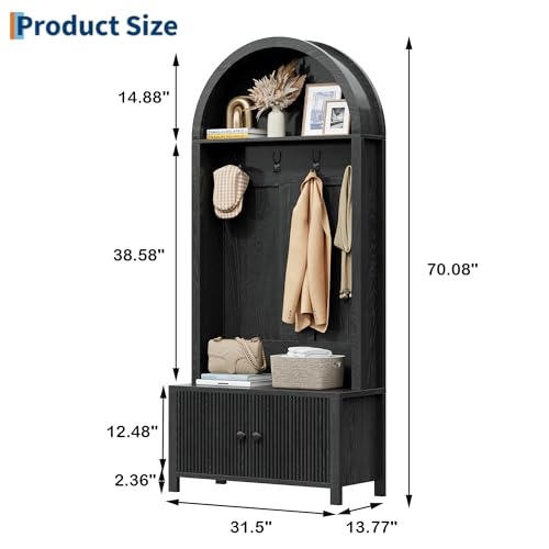 Hall Tree with Bench and Shoe Storage, Entryway Storage Bench with Coat Rack, 70.08" Tall Mudroom Rack with 4 Double Hooks and and 2 Fluted Doors, hall tree with storage for Hallway, Black - color: Black Oak