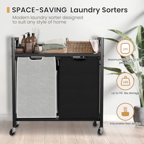 SwaaVee Laundry Sorter, Laundry Hamper with Wooden Top Shelf, 2×14.5Gal(110L), Metal Frame laundry basket with wheels, Pull out and Removable Laundry Bags, 2 Bags-Black Grey - color: Black-Grey