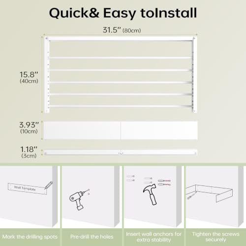 23.6in Wall Mounted Drying Rack Foldable Retractable 60lbs 5 Rods - size: 23.6 inch